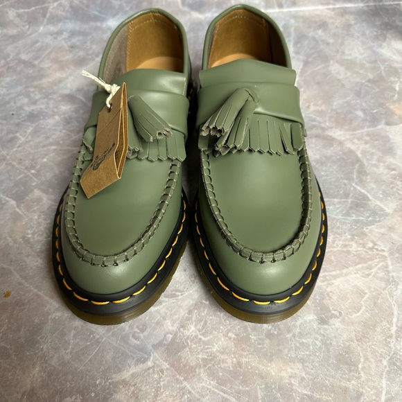 Dr Martens Docs Adrian Yellow Stitch Leather Tassel Loafers Khaki Green - Picture 4 of 6